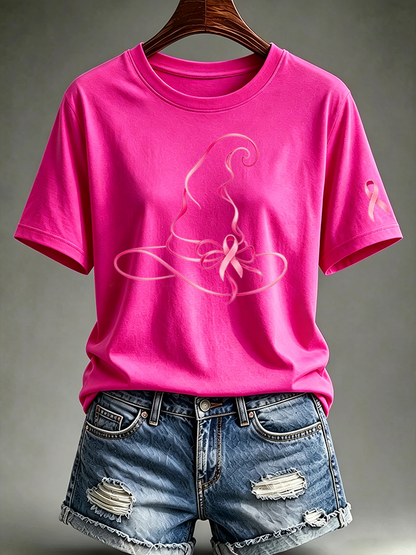 Women's Pink Witch Hat Printed Casual T-Shirt