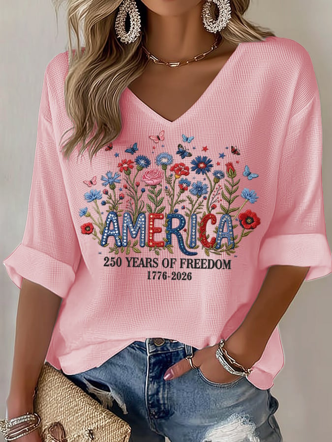 Women's casual retro 250th anniversary waffle-knit long-sleeved T-shirt