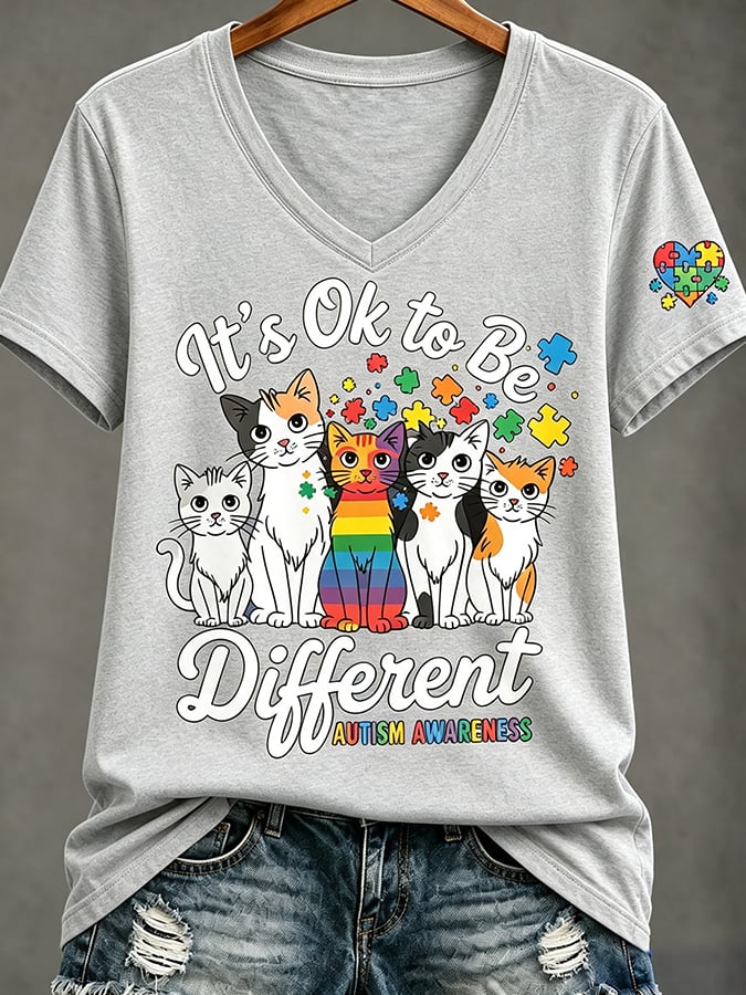 Women'S Casual V-Neck Top With Autism Awareness Print