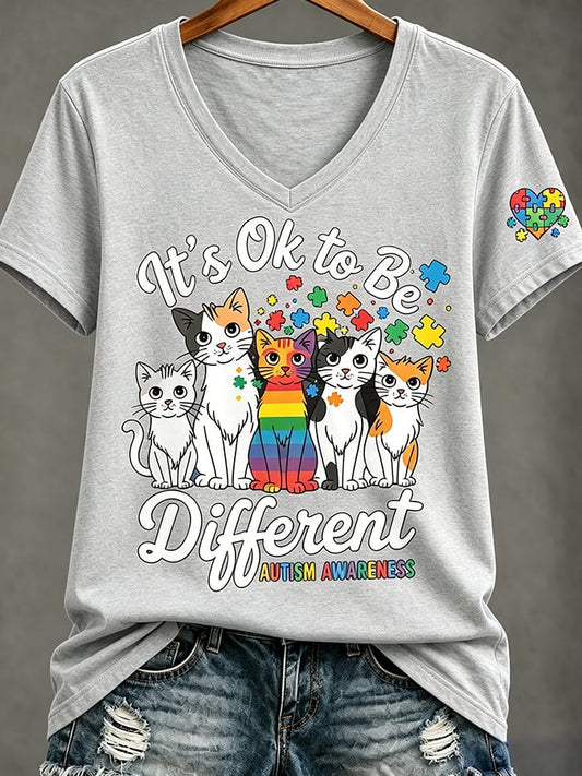 Women'S Casual V-Neck Top With Autism Awareness Print
