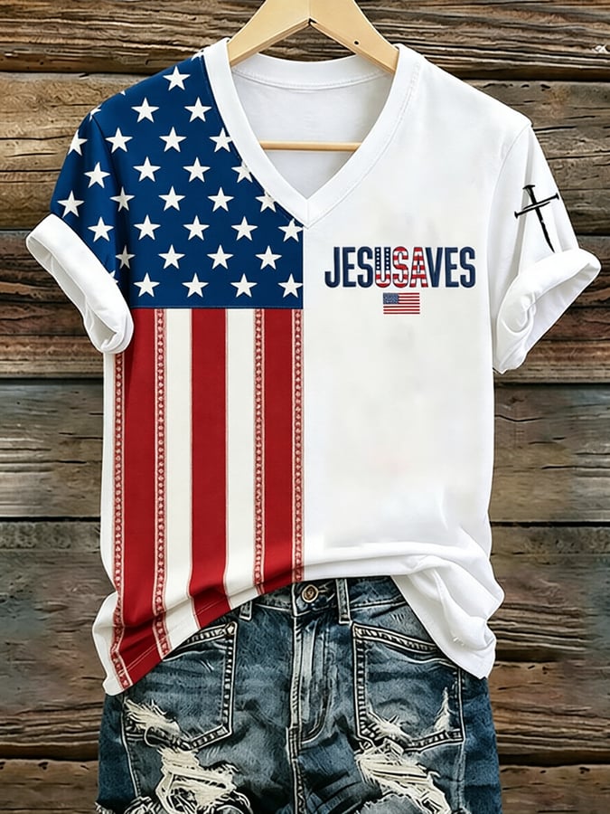 Women's Patriotic 250th Anniversary Jesus Saves Print V Neck T-shirt