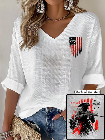 V-Neck 250th Anniversary Distressed American Flag 2-sided Print T-Shirt