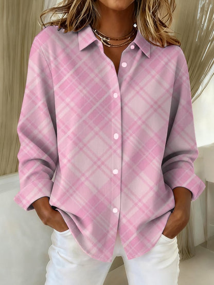 Women's Breast Cancer Pink Plaid Patchwork Print Linen Comfort Shirt