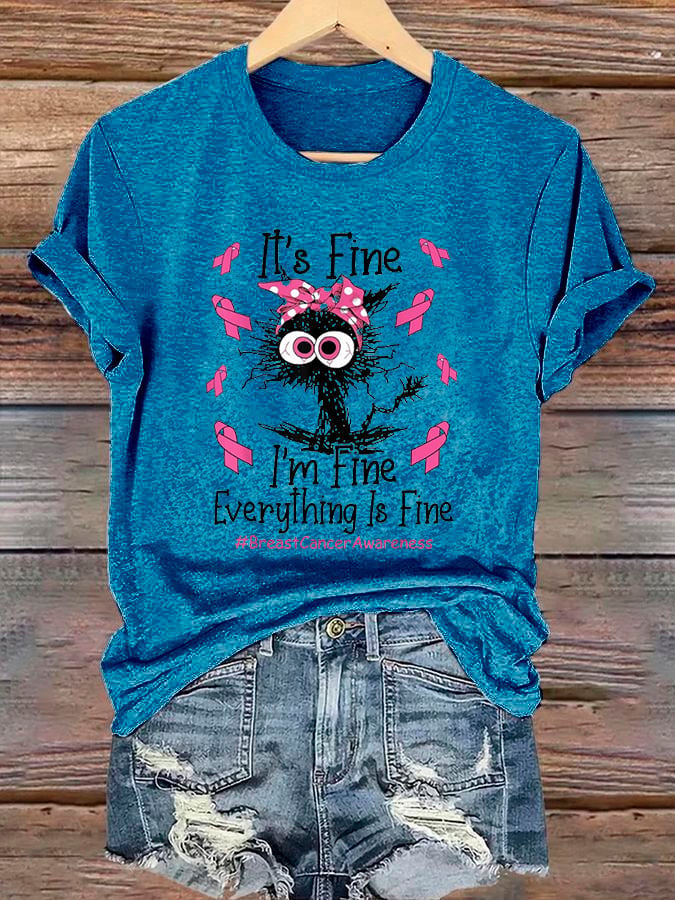 Women's Black Cat Pink Headband Breast Cancer Awareness T-shirt