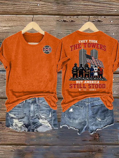 Women's BUT AMERICA STILL STOOD Print Crew-Neck T-Shirt