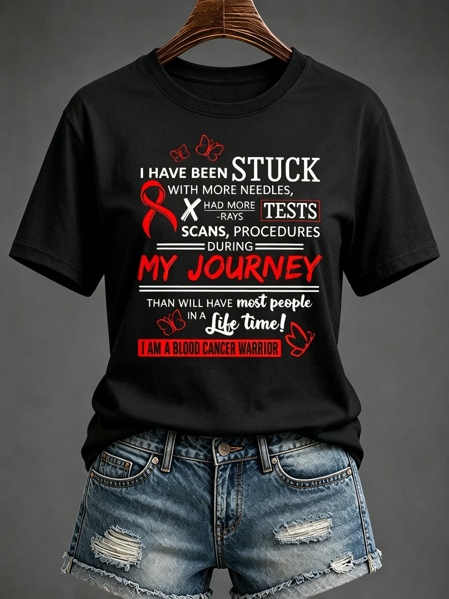 Women'S Blood Cancer Red Ribbon Health Awareness Round Neck T-Shirt