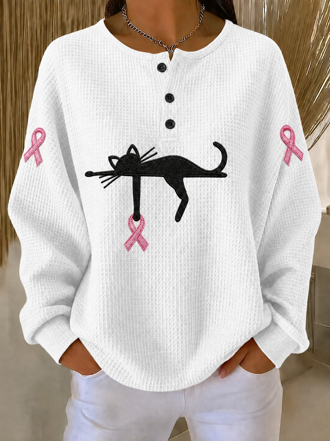 Women'S Pink Ribbon Cat Print Breast Cancer Awareness Casual Pattern Top