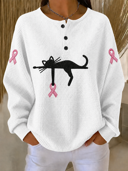 Women'S Pink Ribbon Cat Print Breast Cancer Awareness Casual Pattern Top