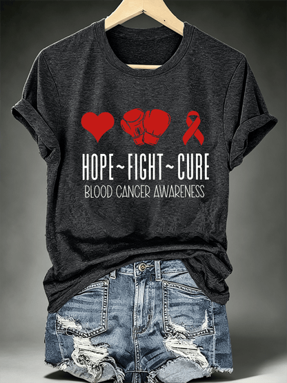 Women's T-shirts with designs promoting awareness of blood cancers