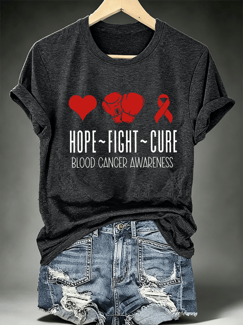 Women's T-shirts with designs promoting awareness of blood cancers