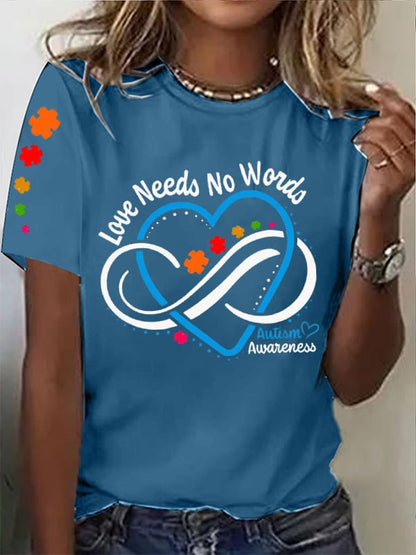 Women's Love Needs No Words Autism Awareness Printed Short-Sleeved T-Shirt