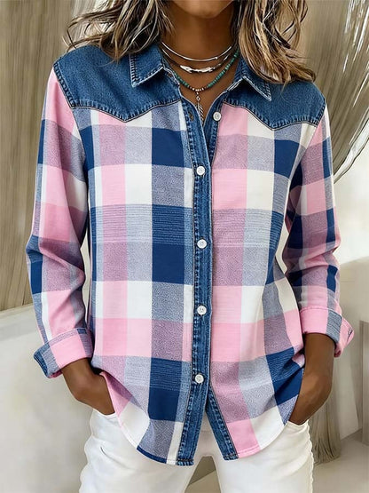 Women'S Casual Loose Contrast Color Stitching Shirt