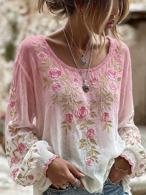 Women's Retro Breast Cancer Floral Print Long-Sleeved Top