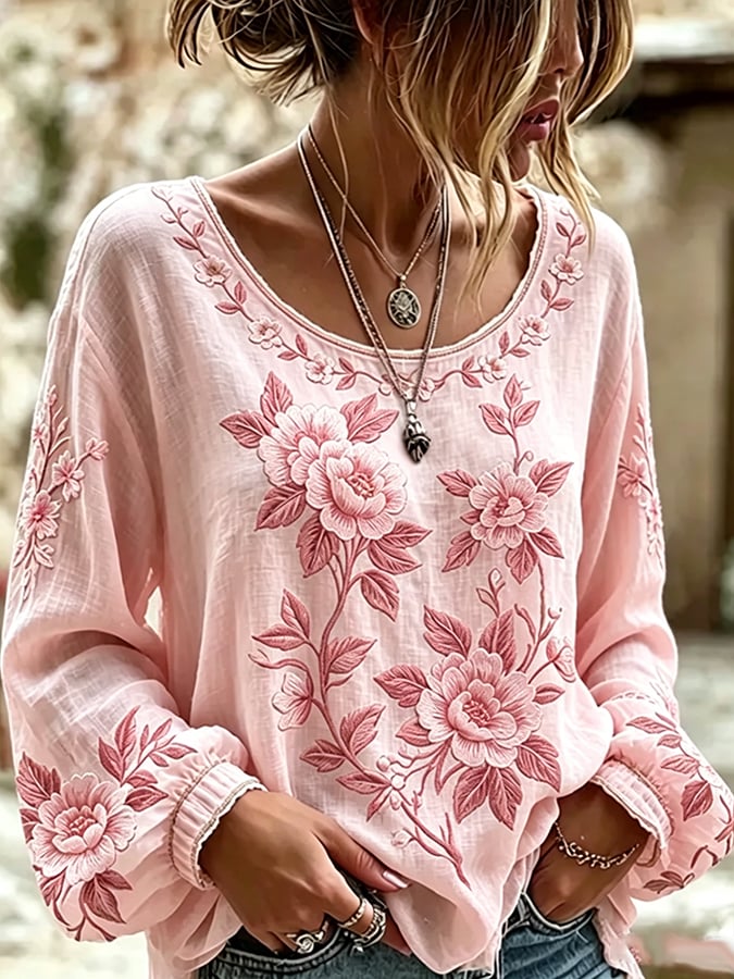 Women's  Floral Cotton-Linen Print Top
