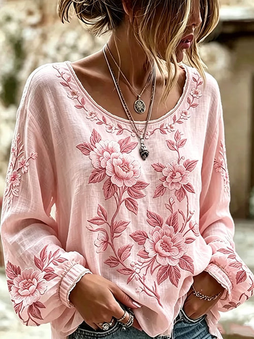 Women's  Floral Cotton-Linen Print Top