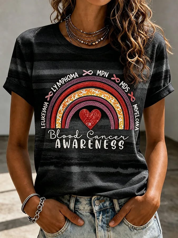 Women'S Blood Cancer Red Ribbon Health Awareness Round Neck T-Shirt