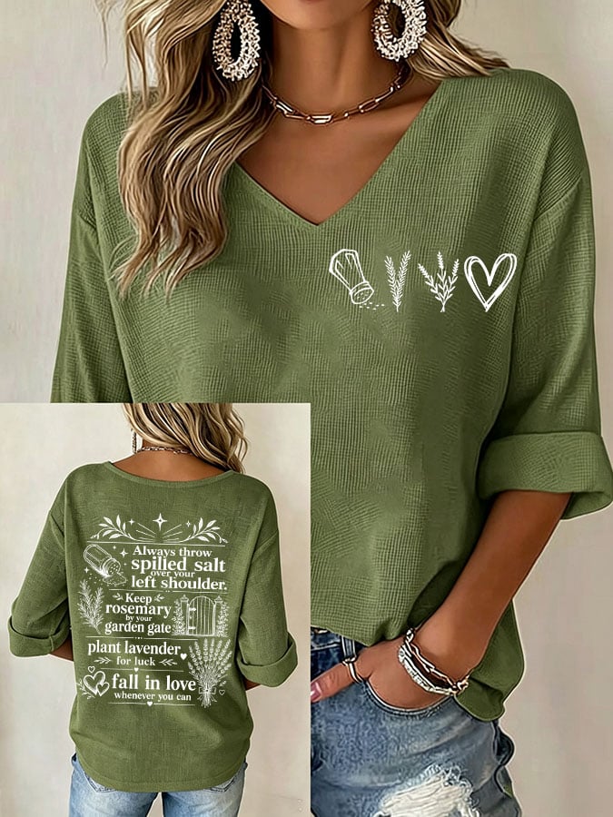 Women's Always Throw Spilled Salt Over Your Left Shoulder Print V Neck Top