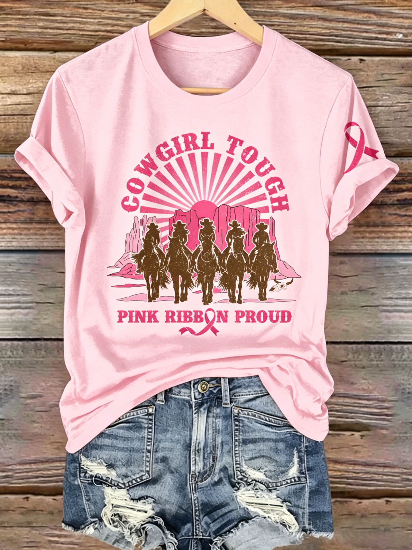 Pink Series Disease Health Awareness Public Welfare Printed Round Neck T-Shirt