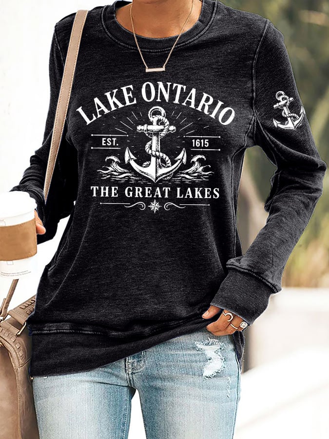 Retro Lake Ontario Est 1615 The Great Lakes Print Sweatshirt