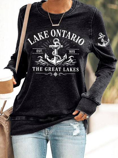 Retro Lake Ontario Est 1615 The Great Lakes Print Sweatshirt