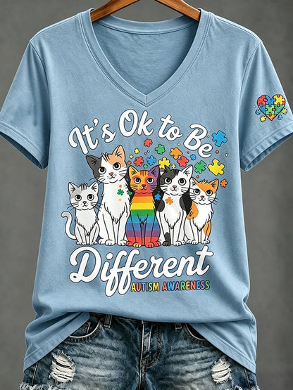 Women'S Casual V-Neck Top With Autism Awareness Print