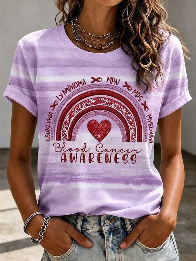 Women'S Blood Cancer Red Ribbon Health Awareness Round Neck T-Shirt