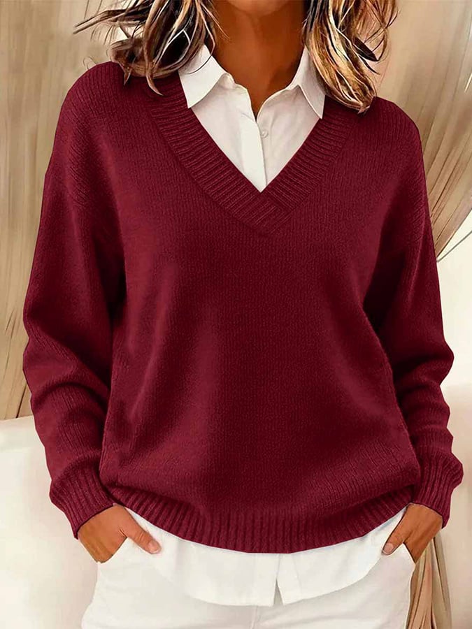 Women's Casual V-neck Long-sleeved Sweater