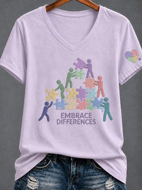 Women'S Casual V-Neck Top With Autism Awareness Print