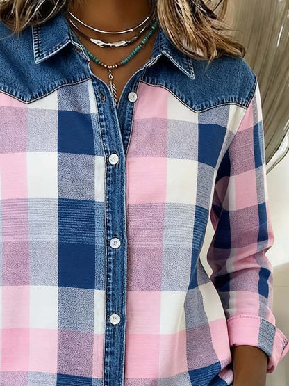 Women'S Casual Loose Contrast Color Stitching Shirt