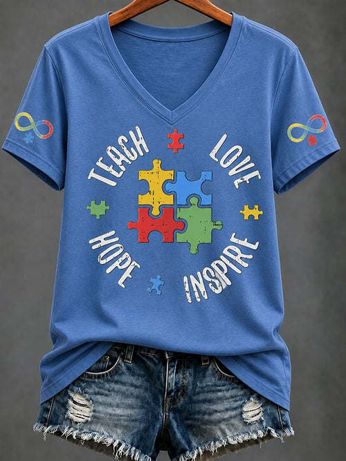 Women'S Casual V-Neck Top With Autism Awareness Print