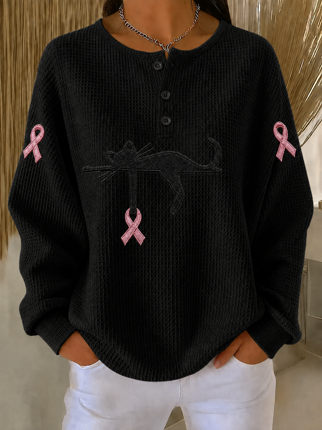 Women'S Pink Ribbon Cat Print Breast Cancer Awareness Casual Pattern Top