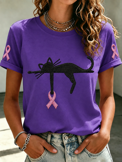 Women'S Pink Ribbon Cat Print Breast Cancer Awareness Short-Sleeved T-Shirt