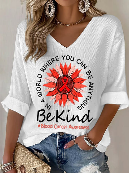 Women's Blood Cancer Red Ribbon Health Awareness Casual Printed Waffle Top