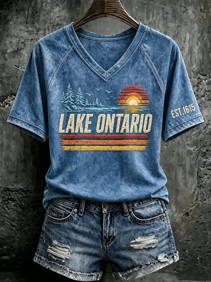 V Neck Retro Lake Ontario Est 1615 Print T-Shirt