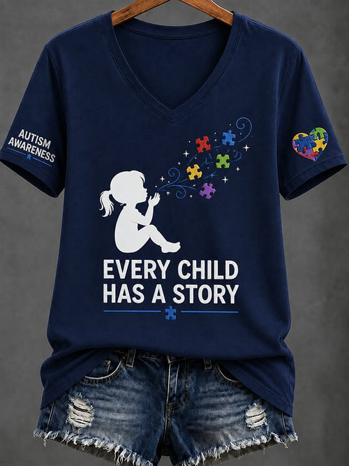 Women'S Casual V-Neck Top With Autism Awareness Print