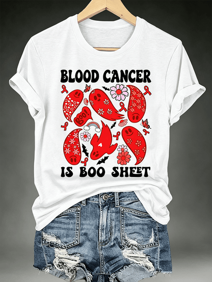 Women's Blood Cancer Awareness Red Ribbon Cute Ghosts Halloween Support Artwork T-Shirt