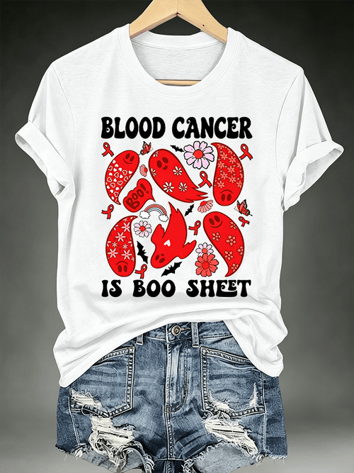 Women's Blood Cancer Awareness Red Ribbon Cute Ghosts Halloween Support Artwork T-Shirt