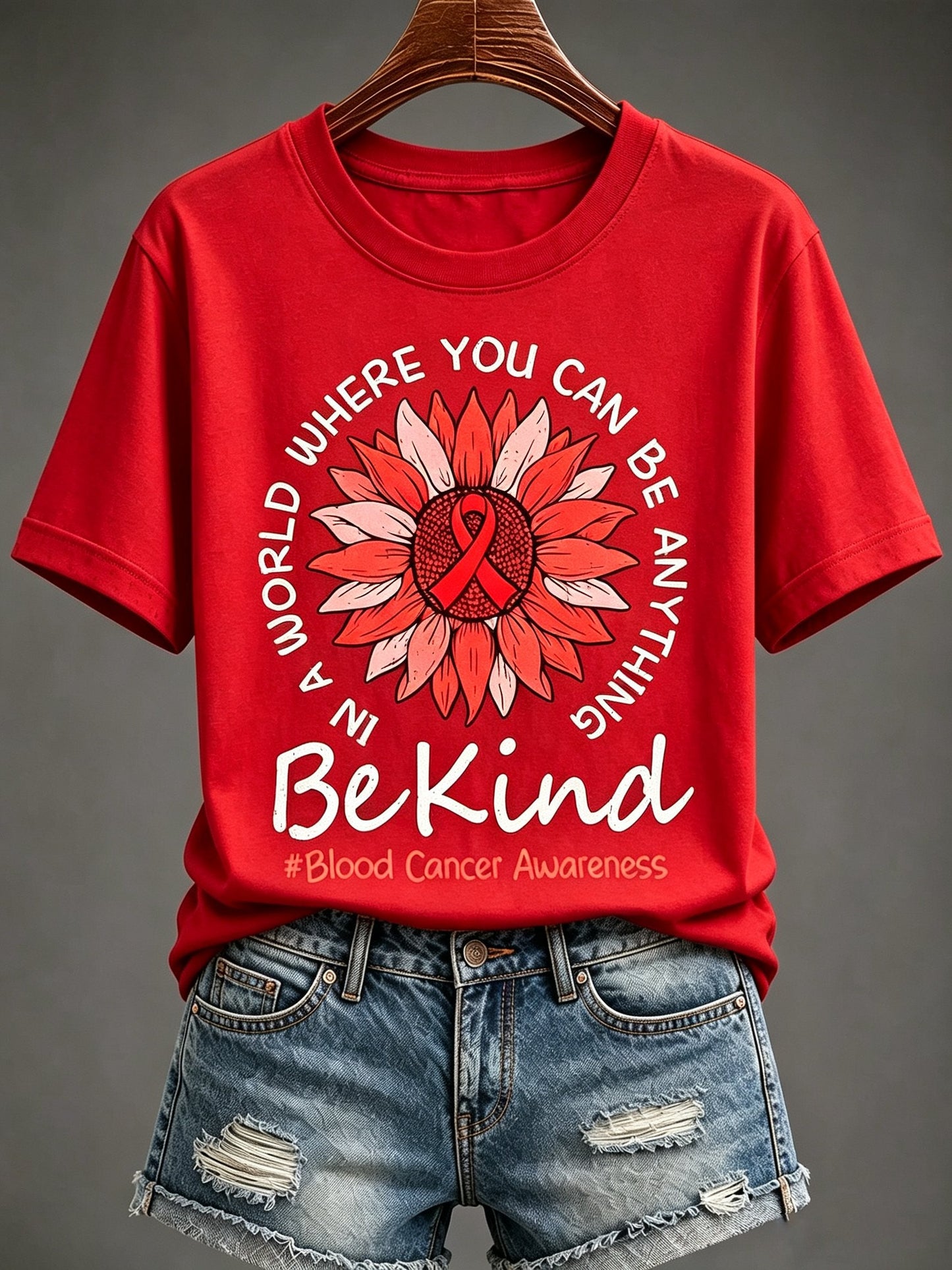 Women'S Blood Cancer Red Ribbon Health Awareness Round Neck T-Shirt