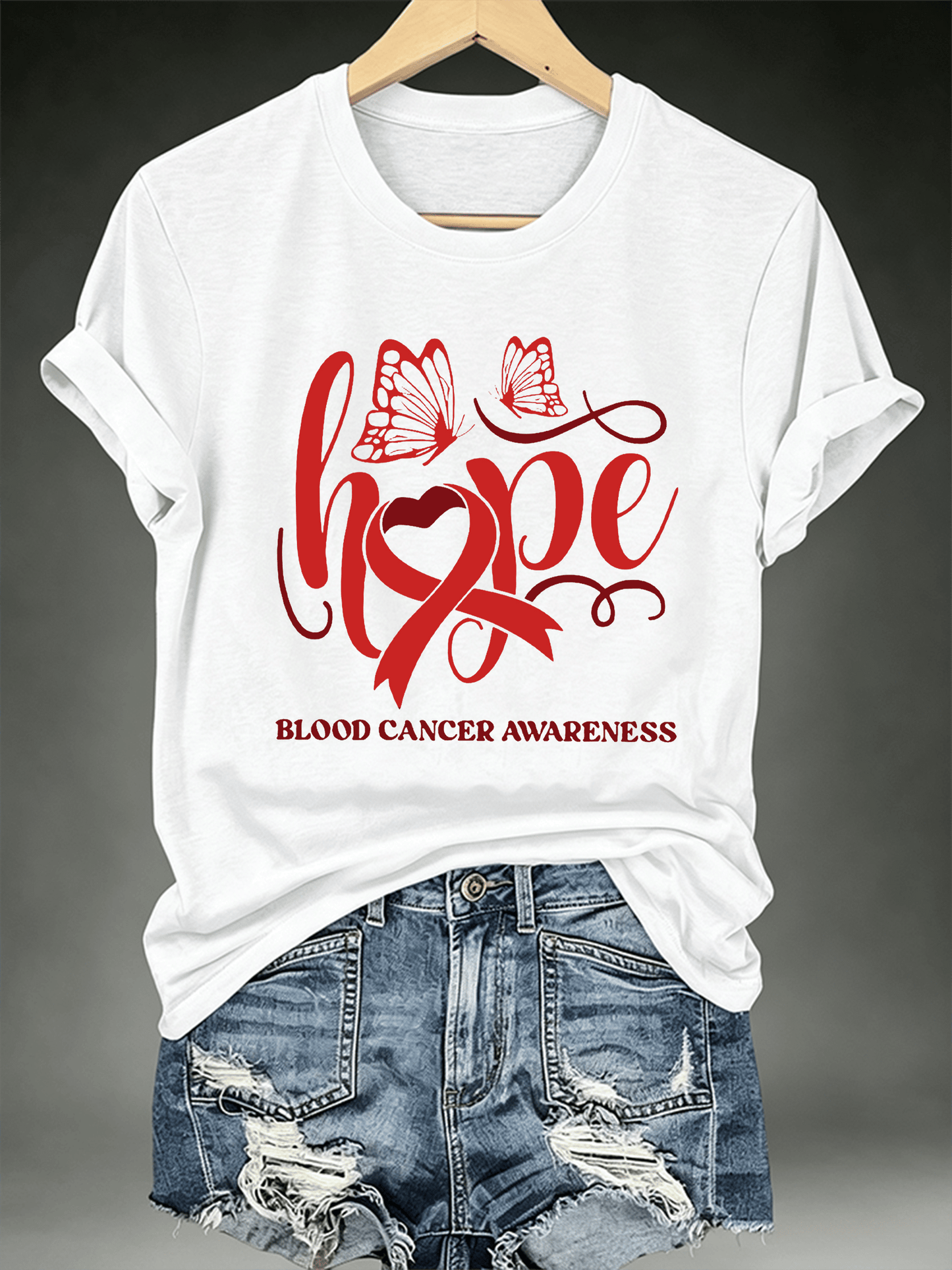 Women's T-shirts with designs promoting awareness of blood cancers