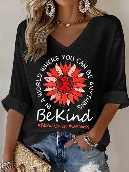 Women's Blood Cancer Red Ribbon Health Awareness Casual Printed Waffle Top