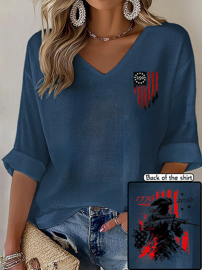 V-Neck 250th Anniversary Distressed American Flag 2-sided Print T-Shirt
