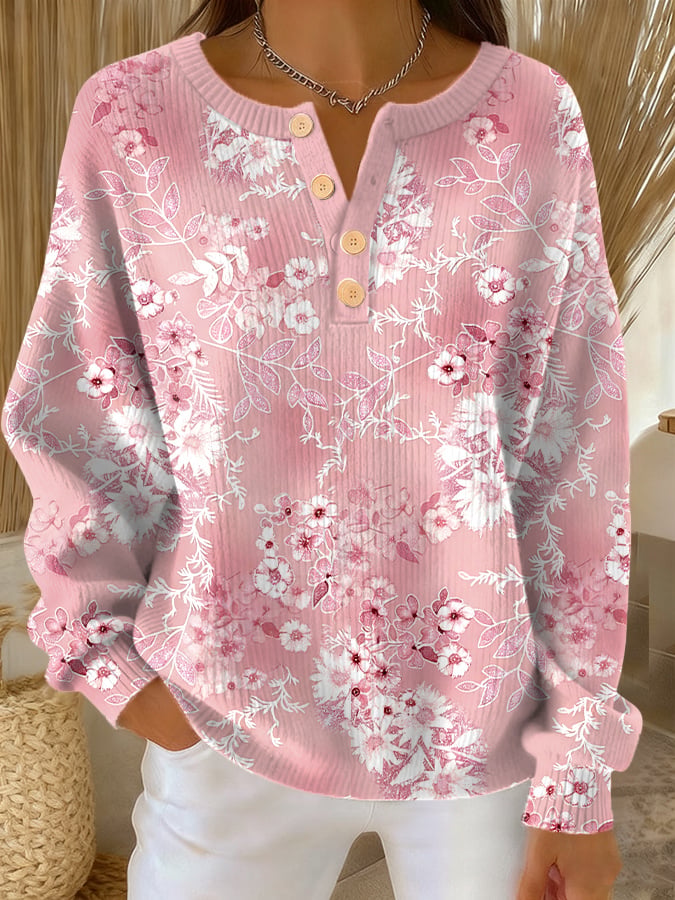 Women's Casual Retro Pink Floral Button Sweatshirt