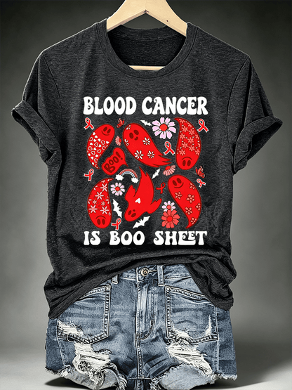 Women's Blood Cancer Awareness Red Ribbon Cute Ghosts Halloween Support Artwork T-Shirt