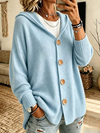 Ladies' Casual Knitted Hooded Long Sleeved Cardigan