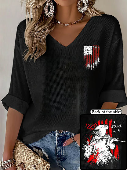 V-Neck 250th Anniversary Distressed American Flag 2-sided Print T-Shirt