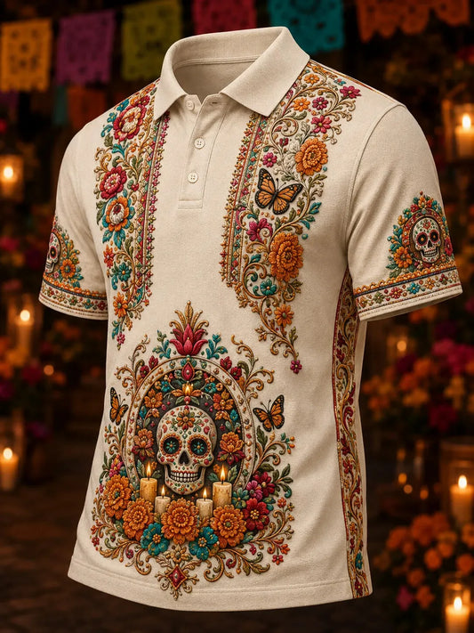 Men's Day Of The Dead Calavera Skull Multi‐Candle Butterfly Floral Print Short Sleeve Polo Shirt
