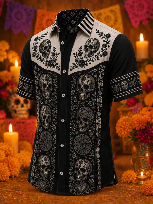 Men's Day Of The Dead Print Short Sleeve Buttons Shirt
