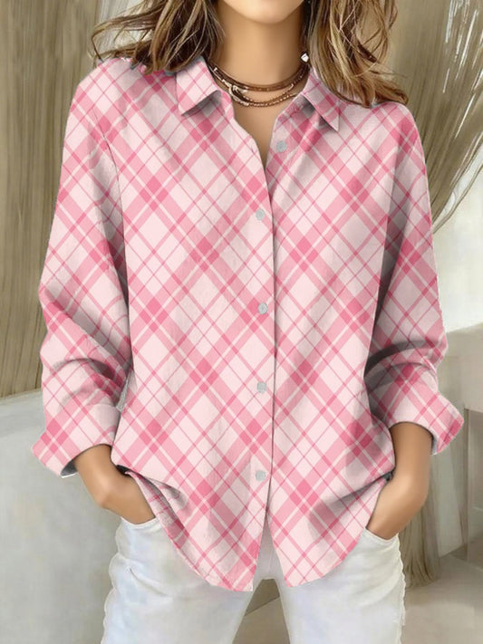 Women's Pink Plaid Print Casual Collar Shirt