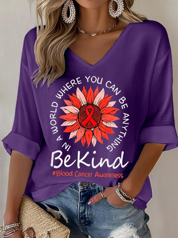 Women's Blood Cancer Red Ribbon Health Awareness Casual Printed Waffle Top