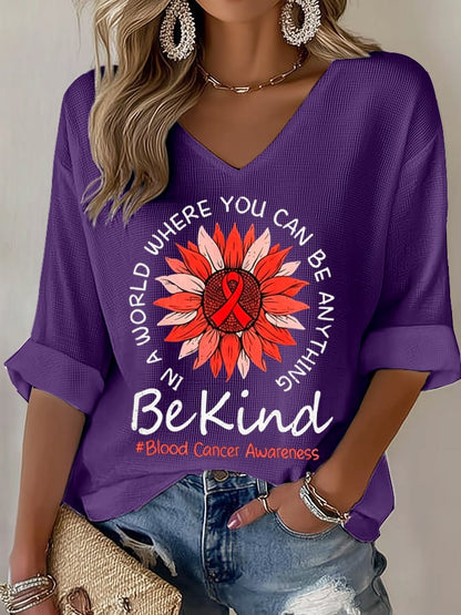 Women's Blood Cancer Red Ribbon Health Awareness Casual Printed Waffle Top